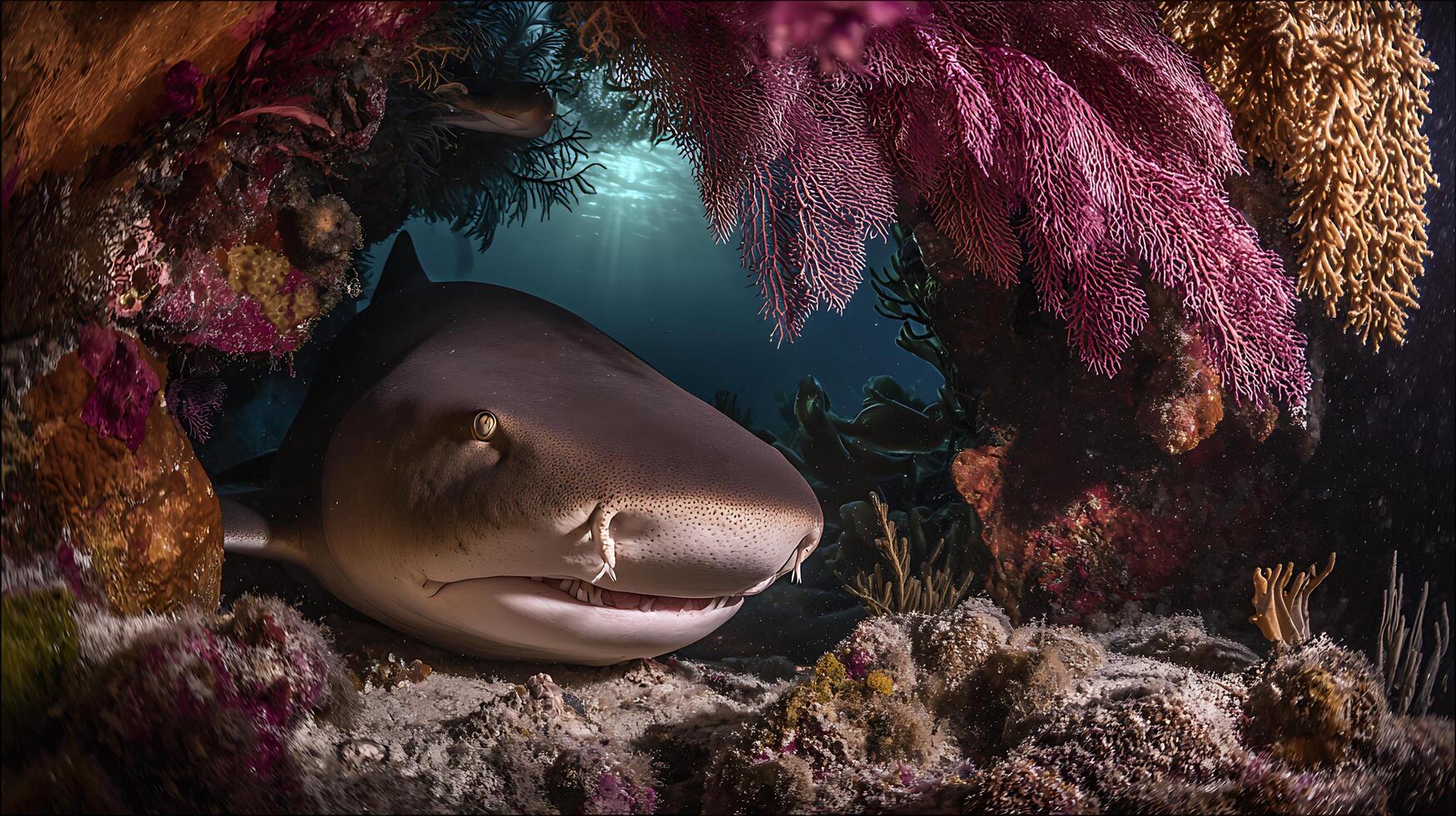 Gentle Giant Shark Among Colorful Coral Reef Dwellings. photo