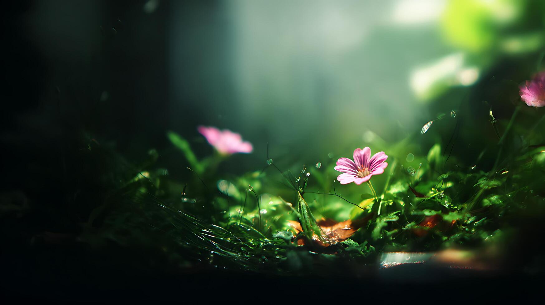 Delicate Pink Flower in Dewy Greenery with Soft Morning Light. photo