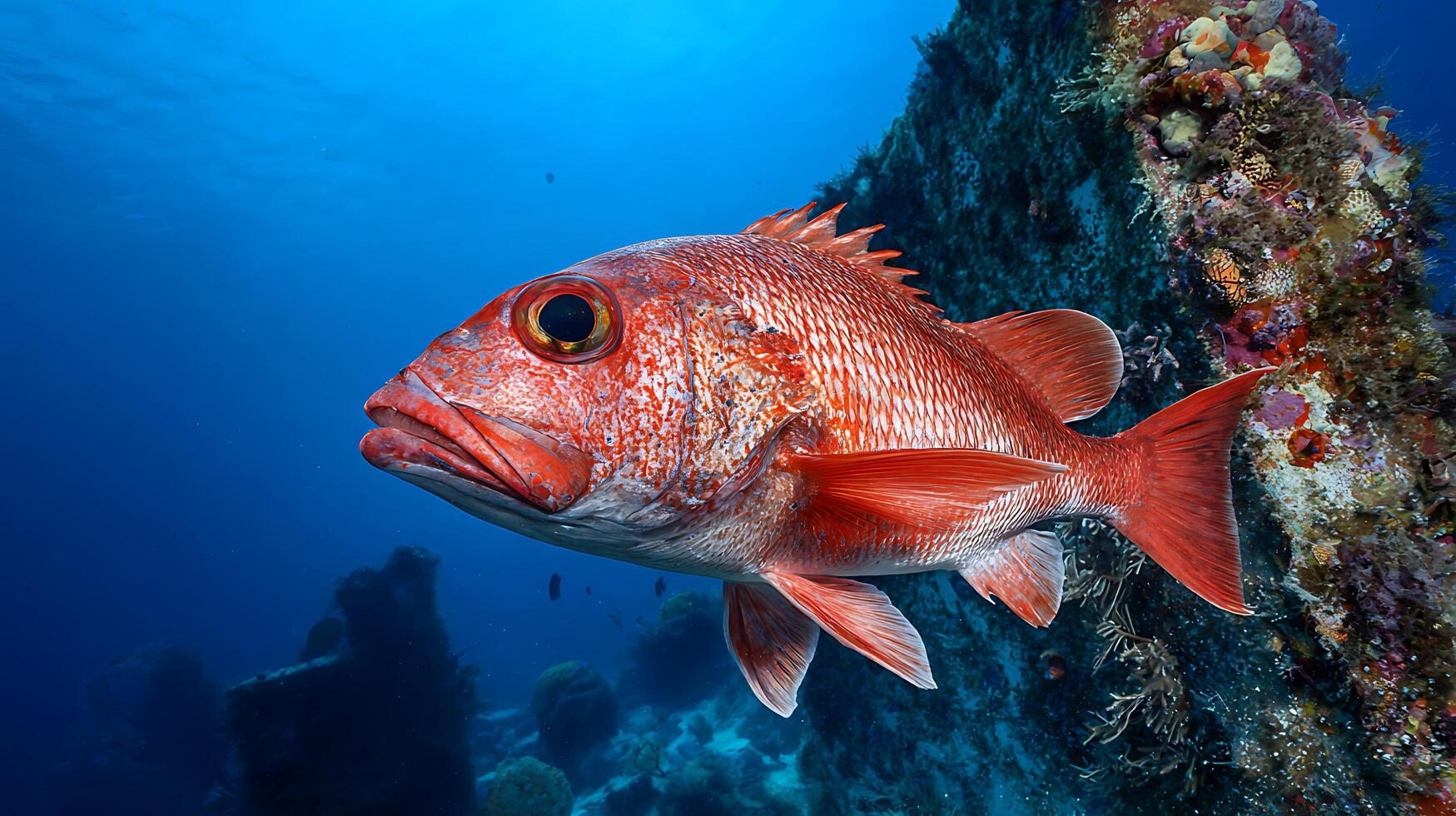 Vibrant Red Fish Swims Near Colorful Coral Reef in Deep Blue Ocean. photo