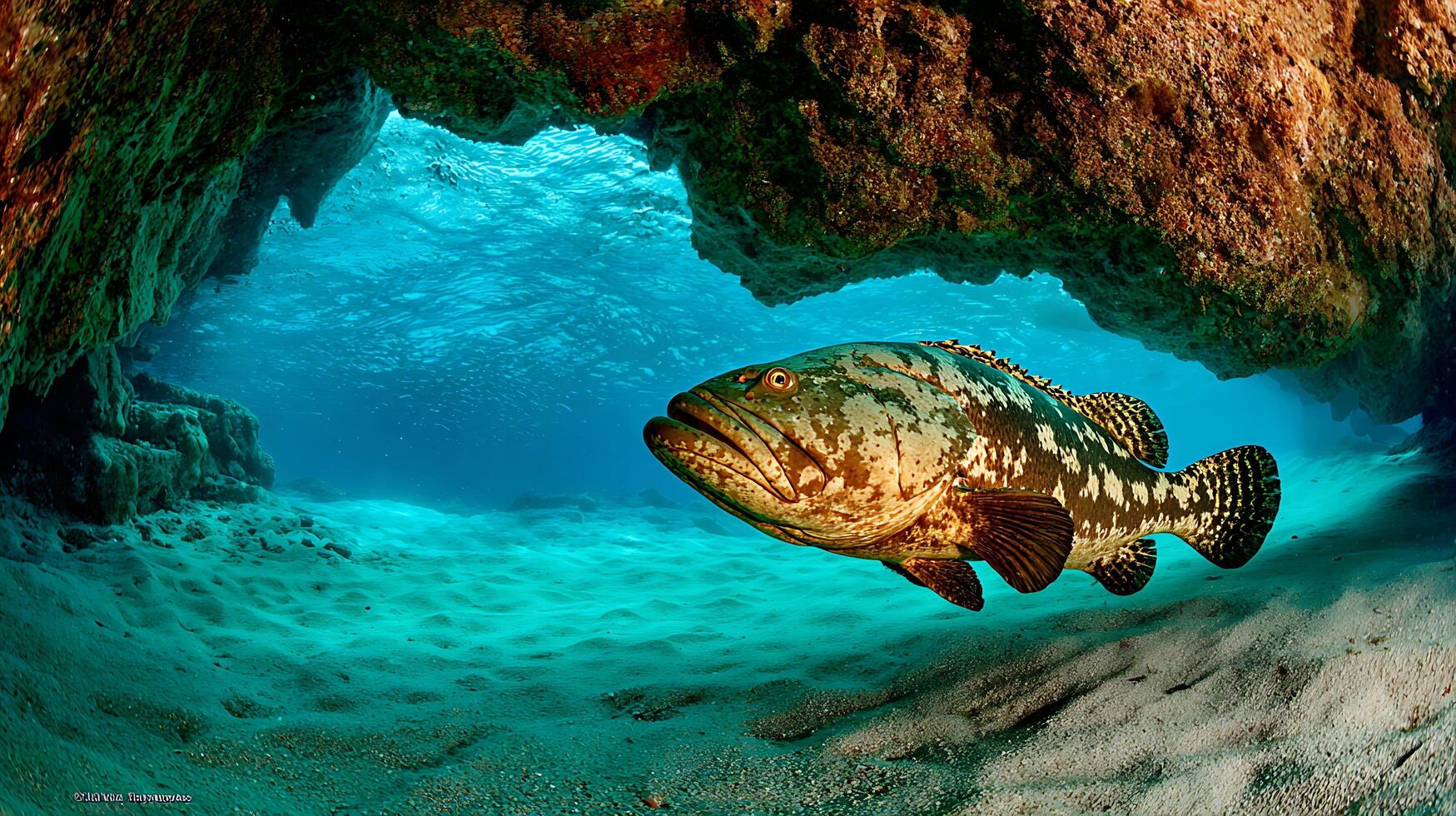 Large Spotted Fish Swims Through a Sunlit Underwater Cave. photo