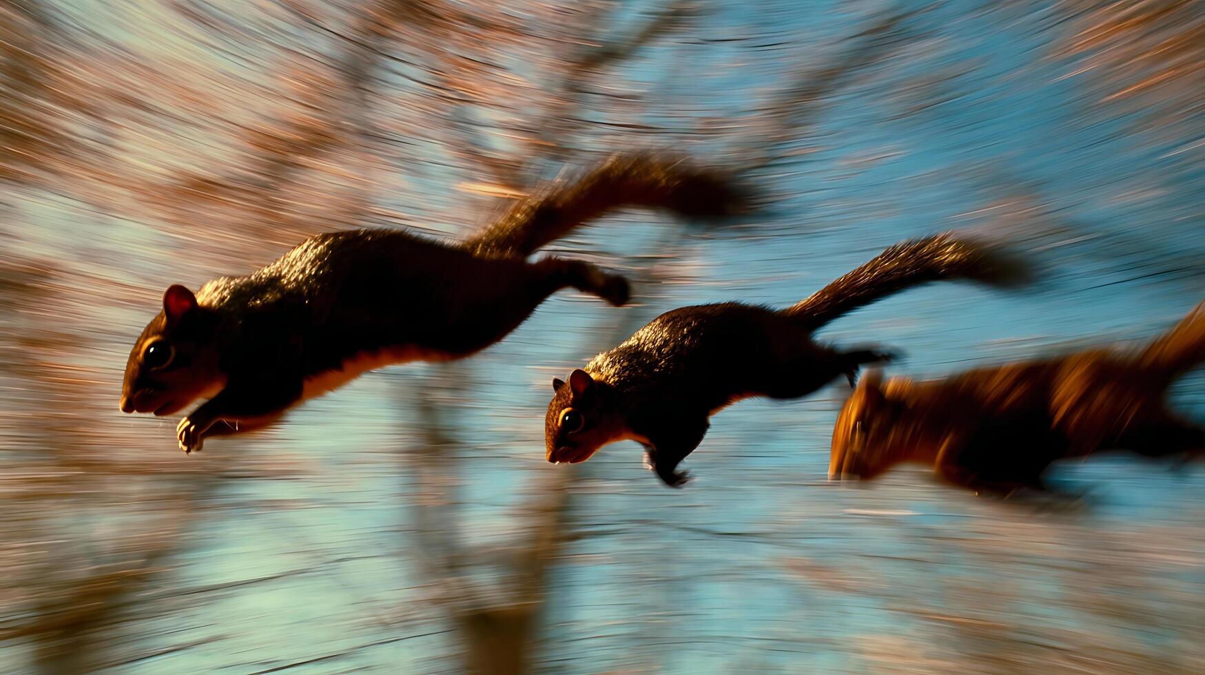 Three Squirrels Leap Through the Air with Motion Blur Effect. photo