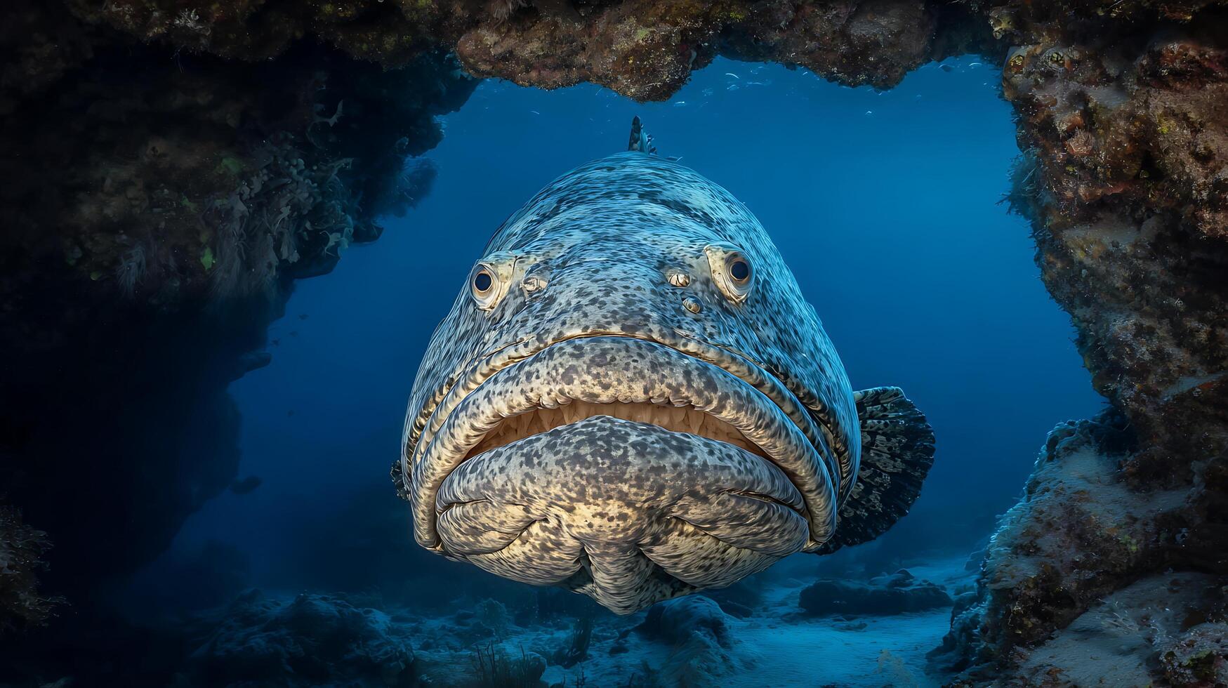 Giant Grouper Emerging From Coral Cave, Ocean Depths Explored. photo