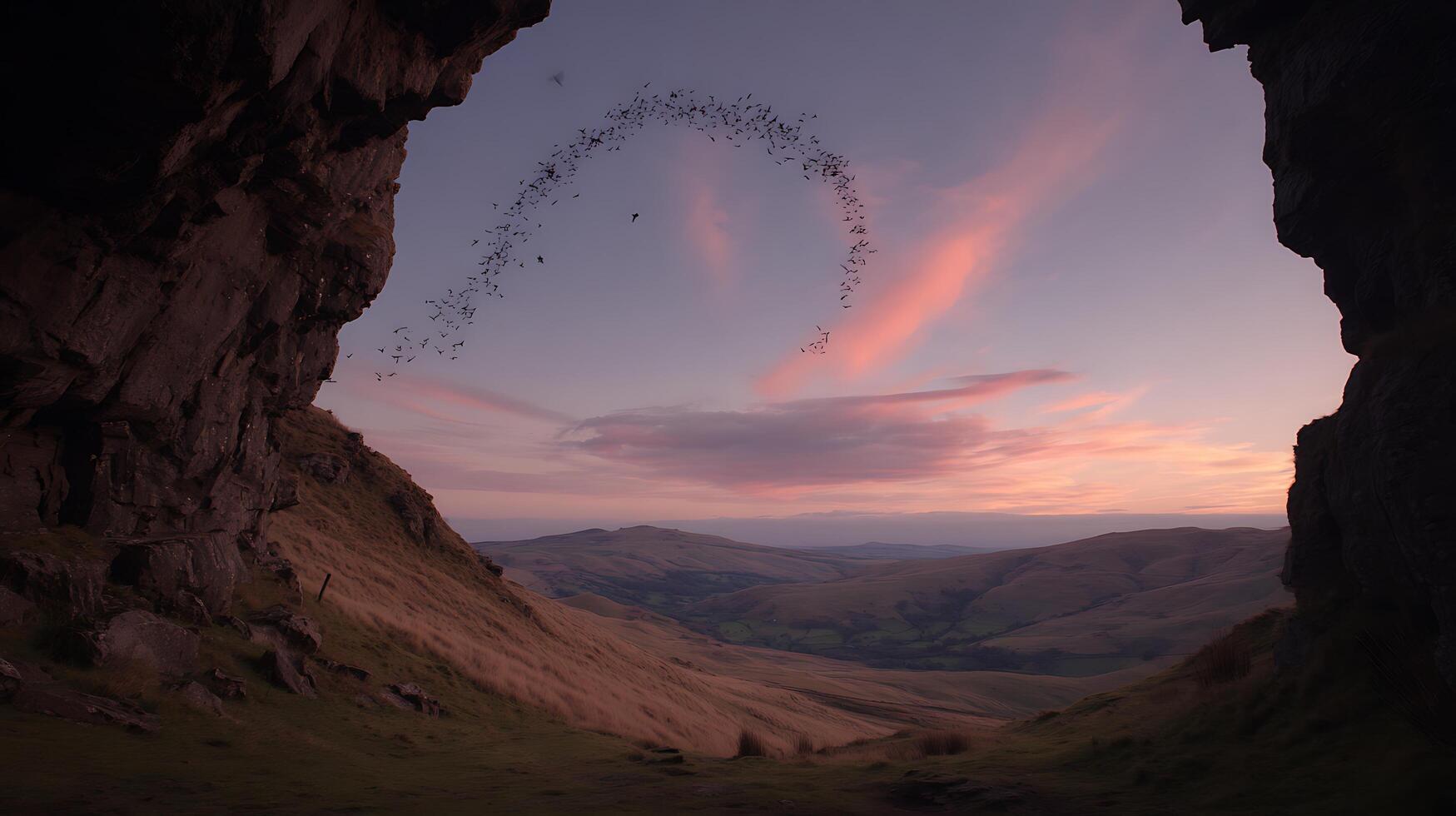 Flock of Bats Emerging from Cave at Dusk with Dramatic Sunset Sky photo