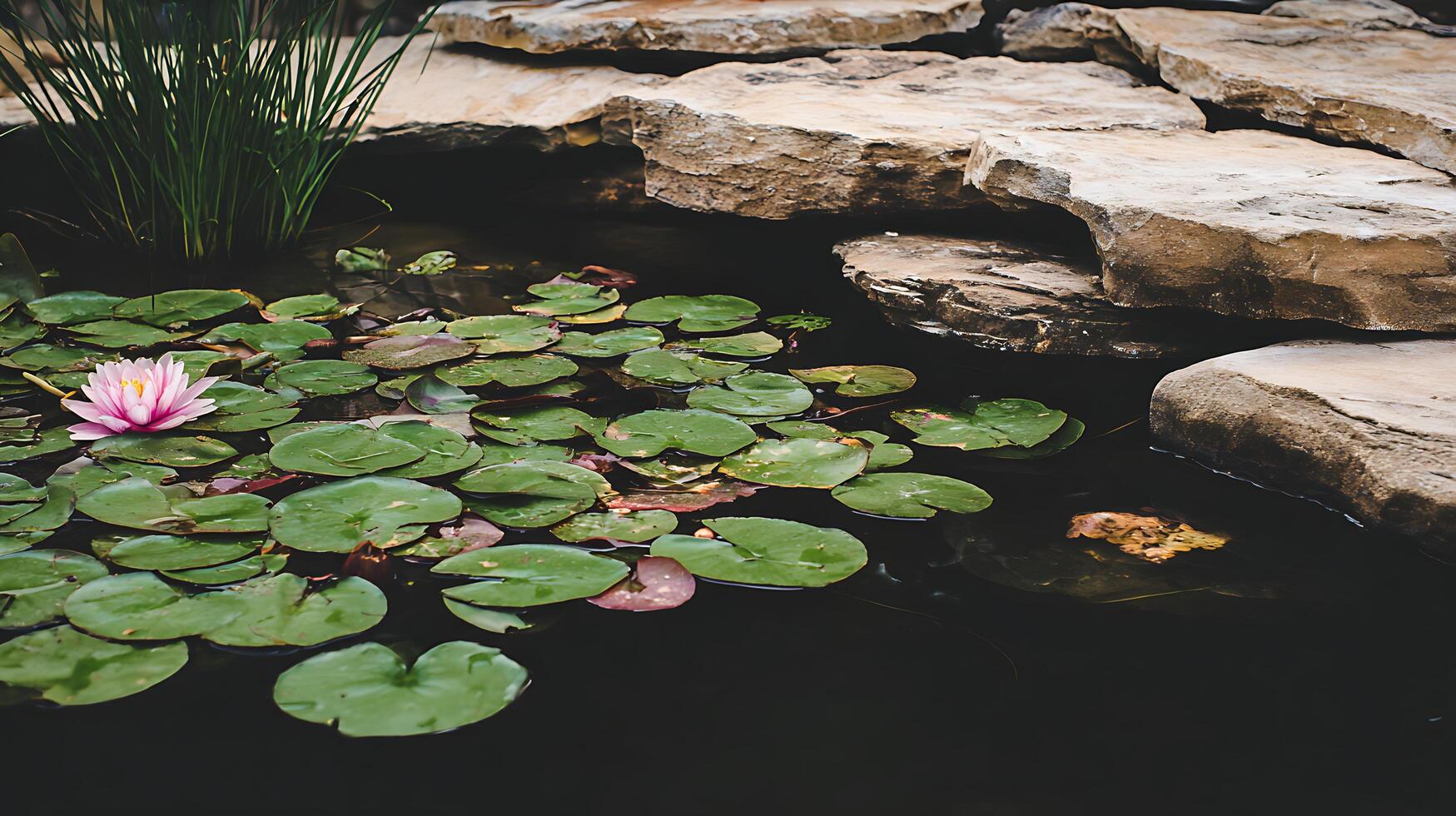 Serene Water Lily Pond with Rocks and Lush Greenery. photo
