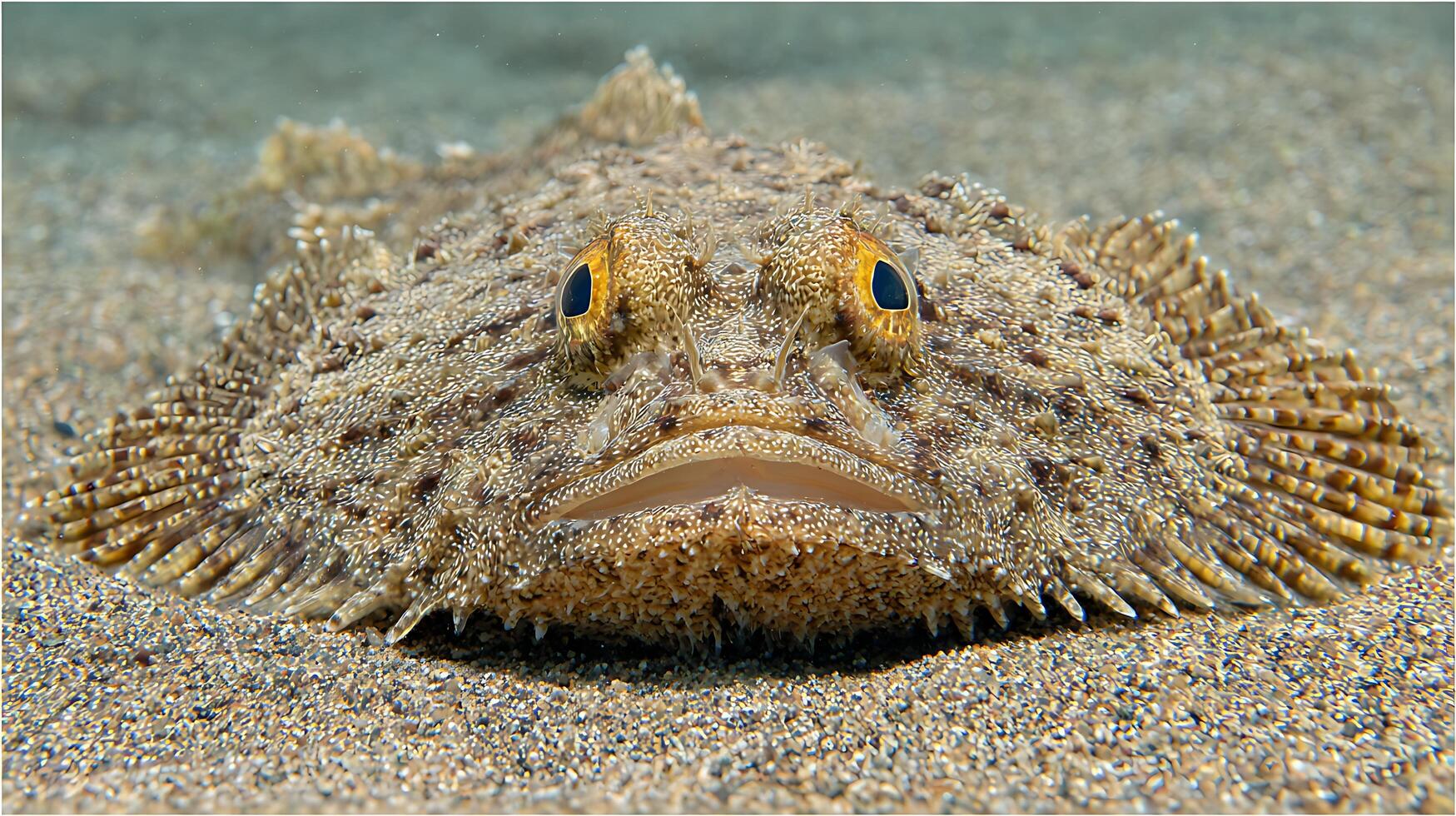 Amazing close up of a flatfish camouflaged on the sandy seabed. photo