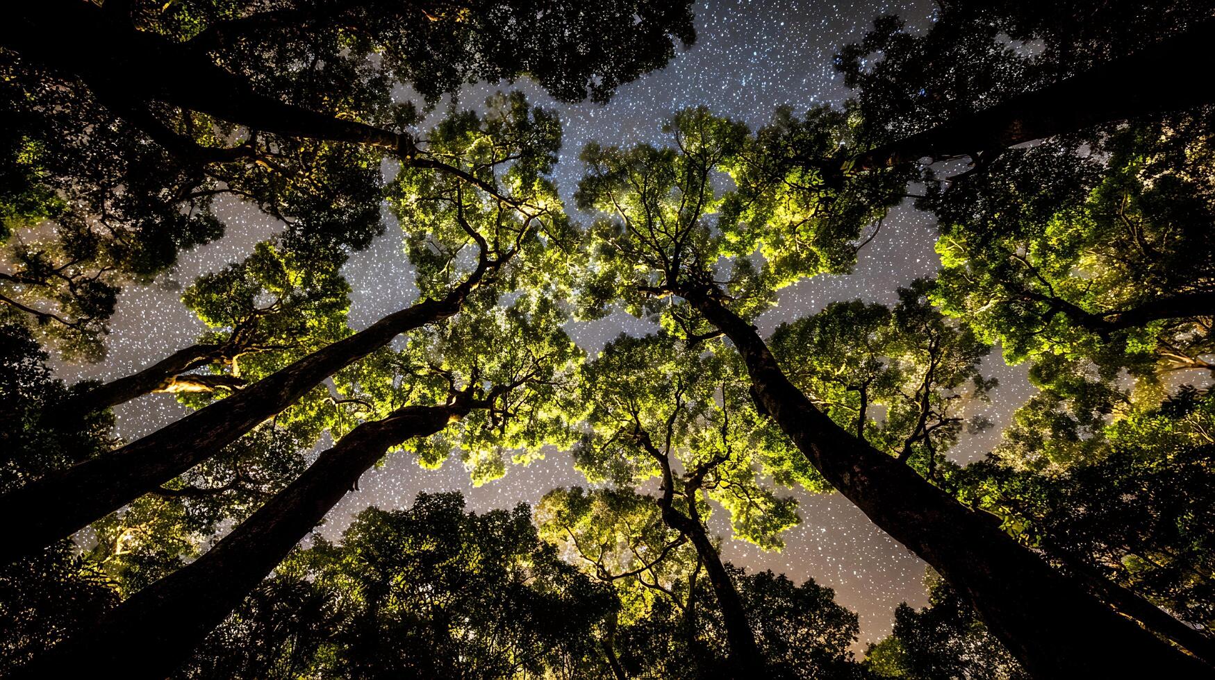 Looking Up Through Lit Forest Trees at a Starry Night Sky. photo