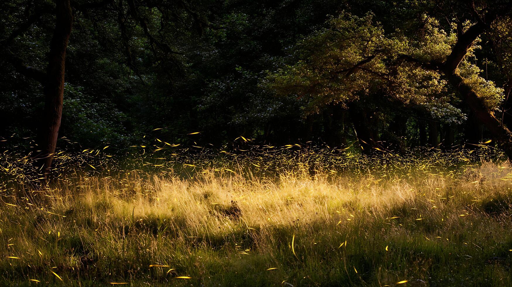 Magical Forest Scene with Swarms of Fireflies in Warm Light. photo