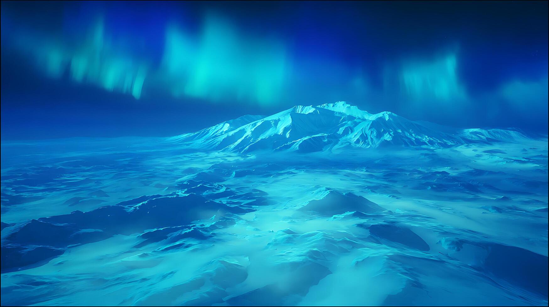 Majestic Northern Lights Dance Over Snowy Mountains and Frozen Terrain. photo
