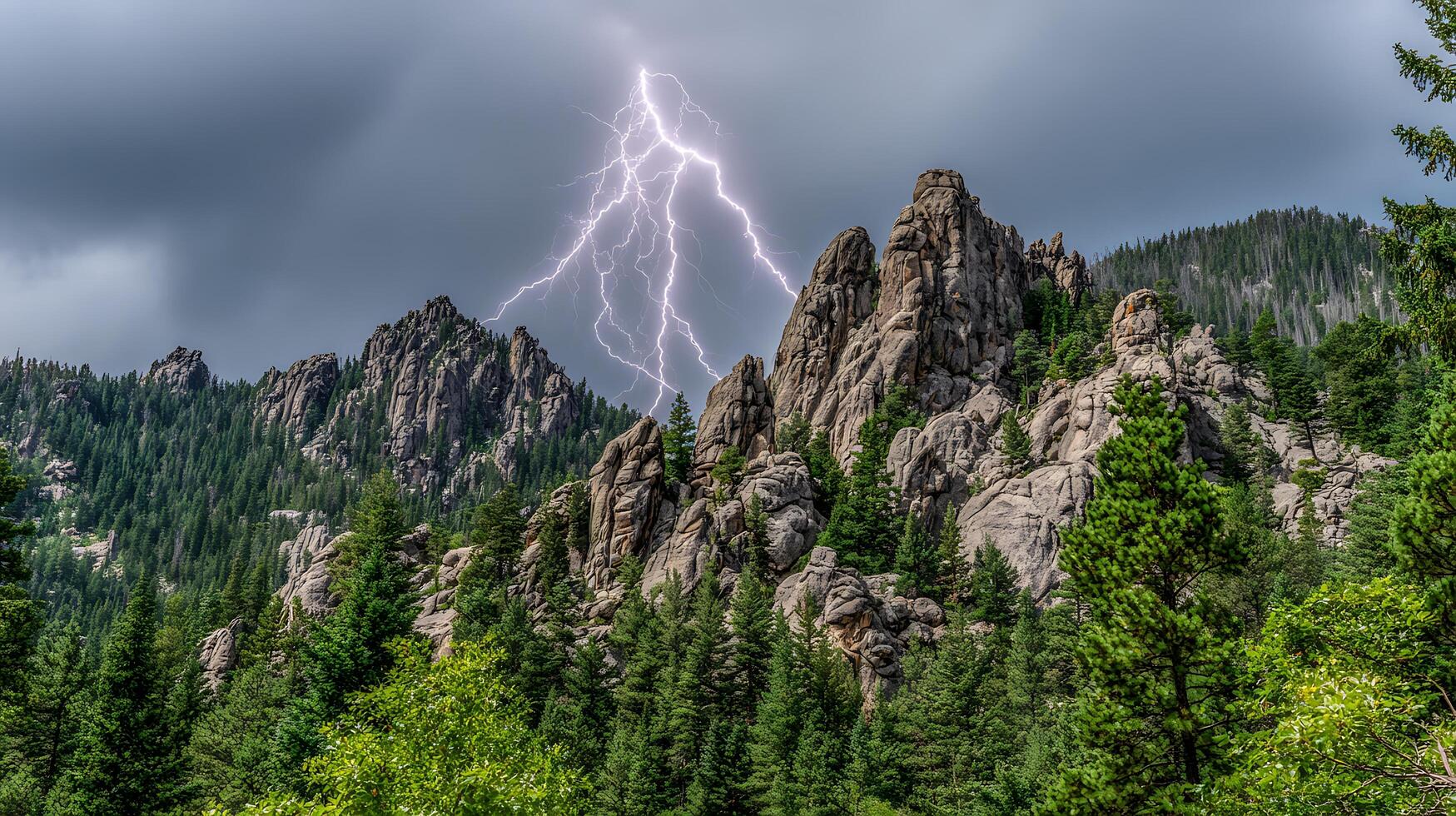Dramatic Lightning Strike Illuminates Rugged Mountain Peaks and Pine Forest. photo