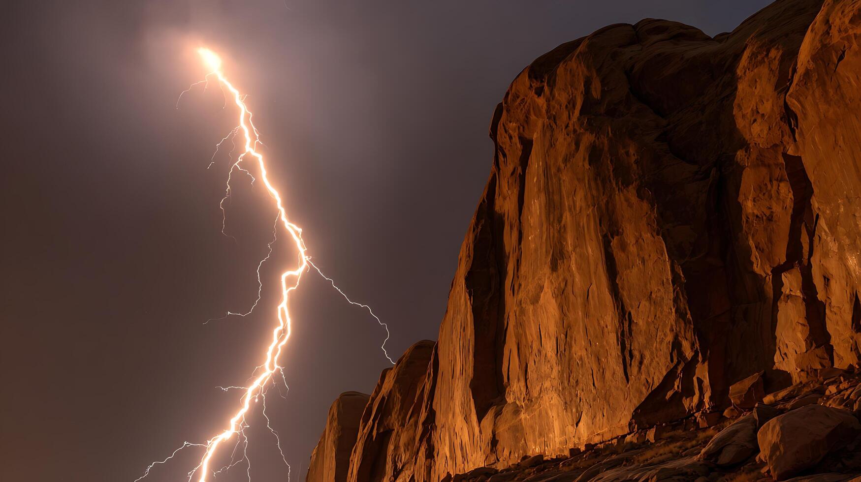 Powerful Lightning Strikes Majestic Desert Cliffs Under a Dark Sky. photo
