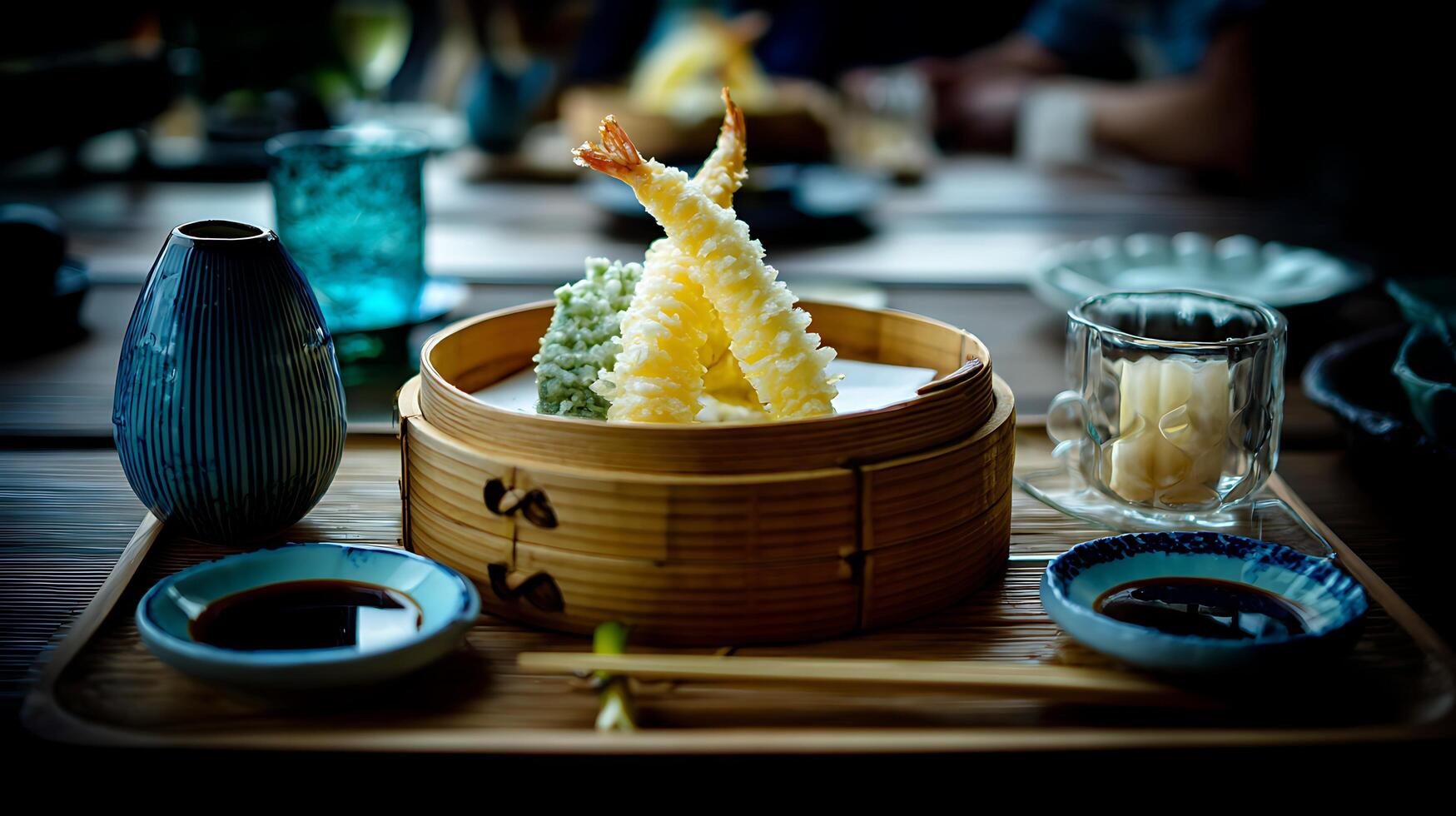 Delicious Shrimp Tempura and Green Vegetable Bites Served with Soy Sauce. photo