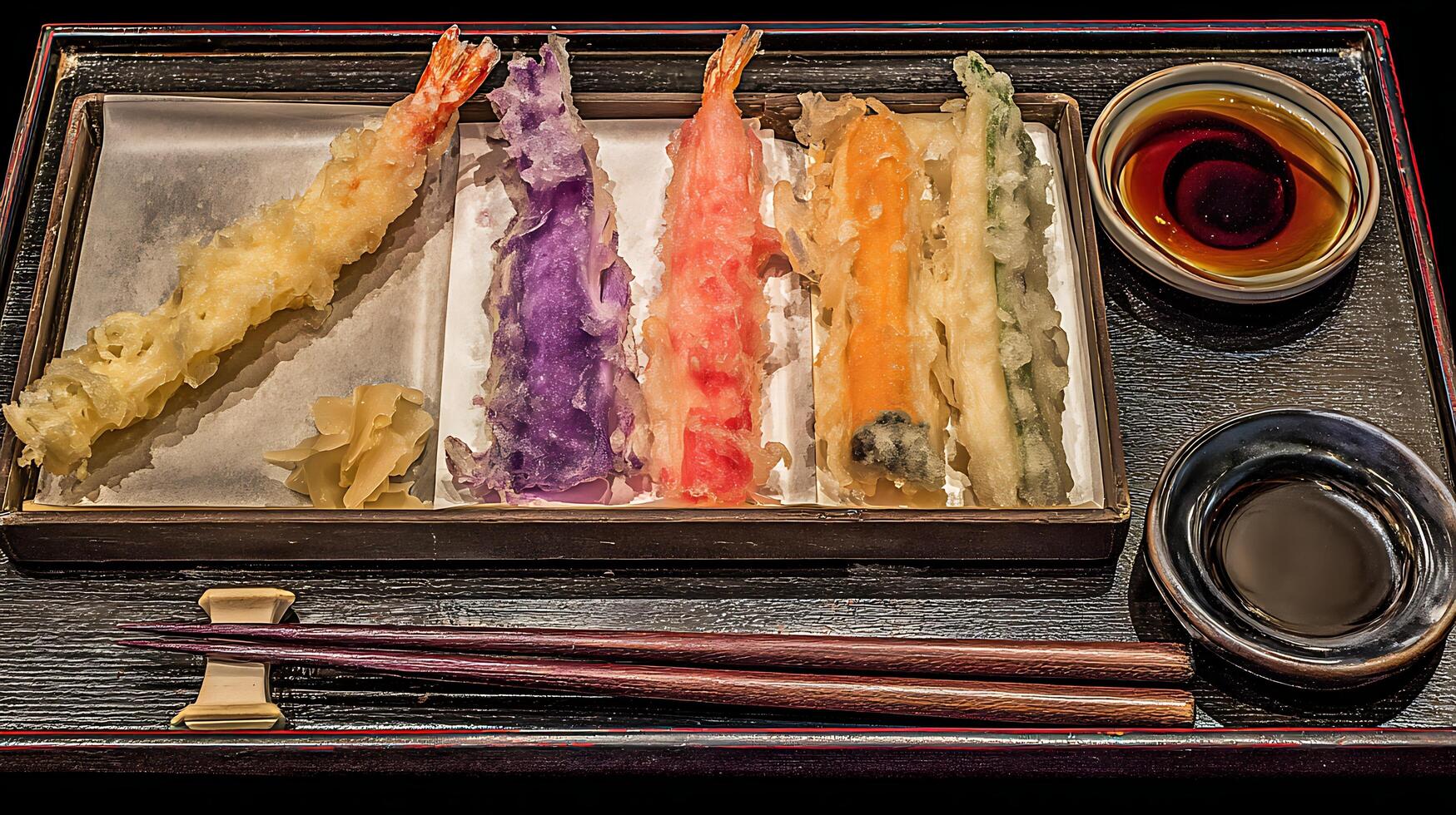 Delicious Colorful Tempura Shrimp and Vegetable Platter with Dipping Sauce. photo