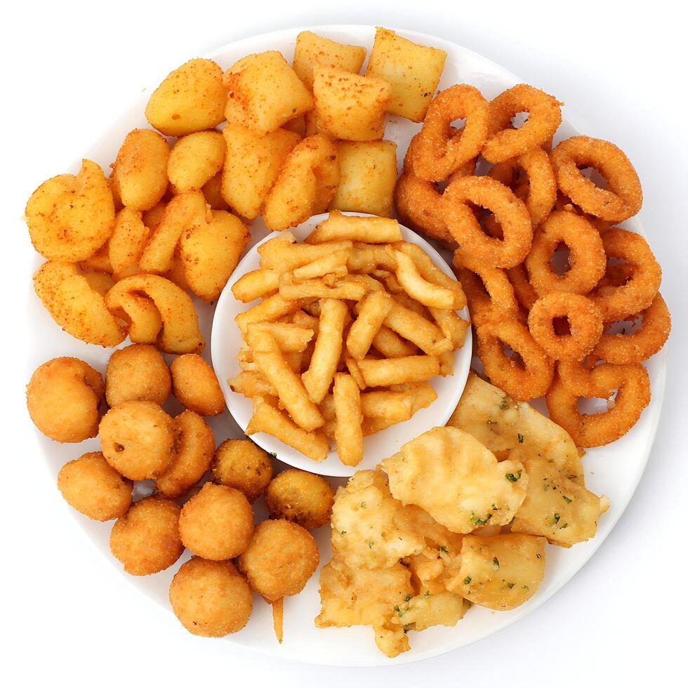 Platter of Golden Fried Snacks on White Background for Content Creation. photo