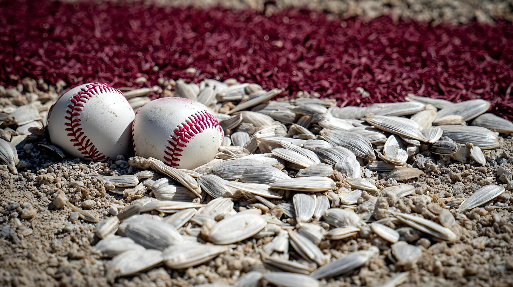 Baseball game waiting snack two balls on sunflower seeds and dirt. photo