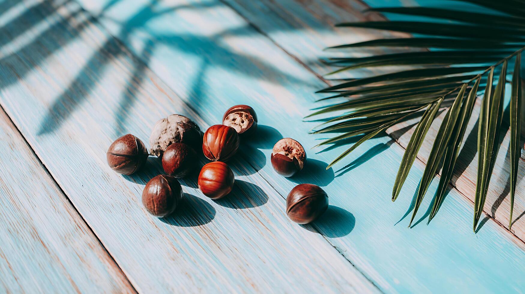 Chestnuts and Palm Leaves on a Blue Wooden Surface in Sunlight. photo
