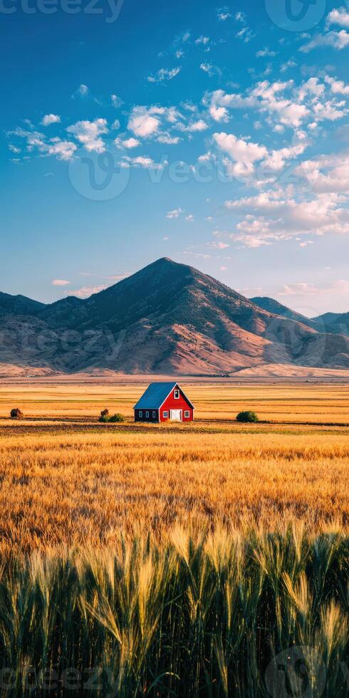 A red barn sits in the middle of a wheat field photo