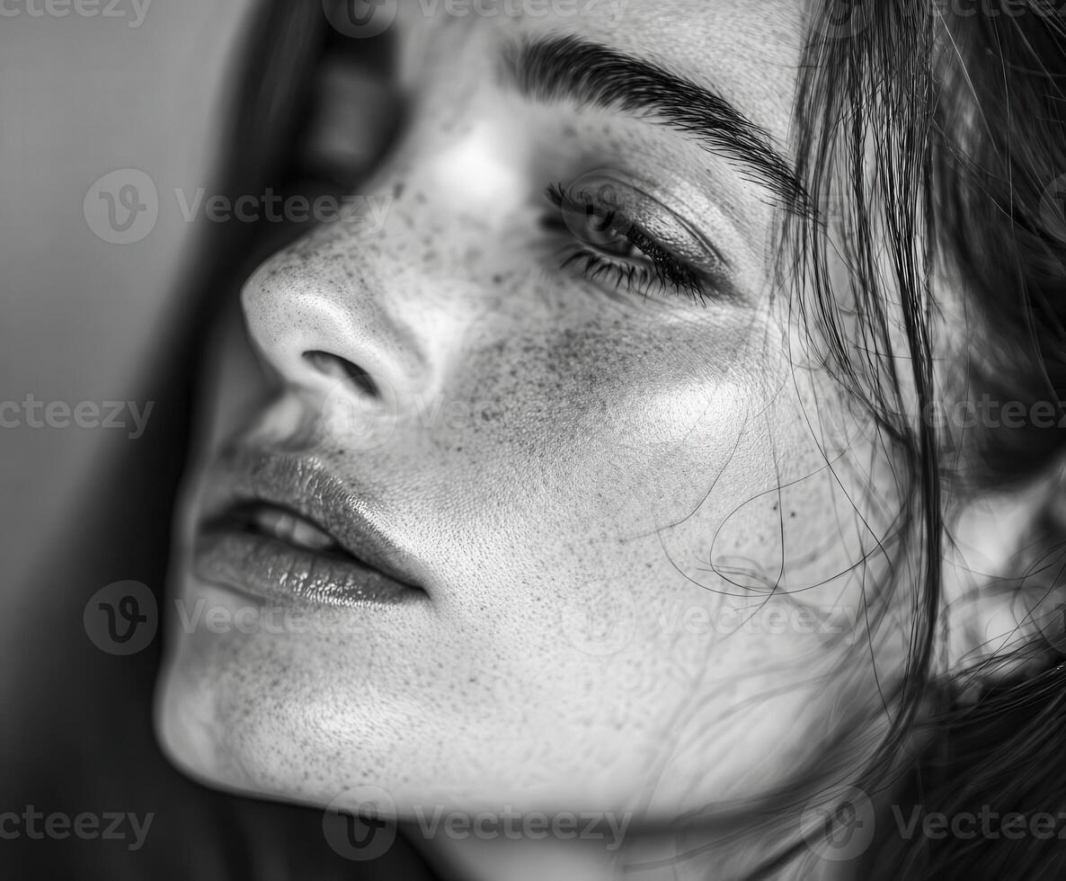 Close-up of woman's face with freckles in black and white photo