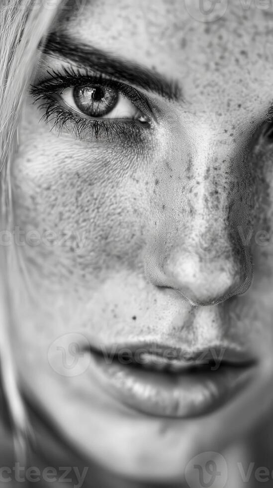 Woman's face with freckles in detailed monochrome portrait photo