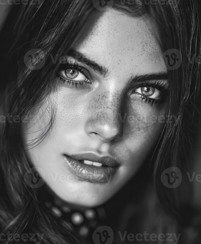 Close-up portrait of a young woman with freckles in black and white photo
