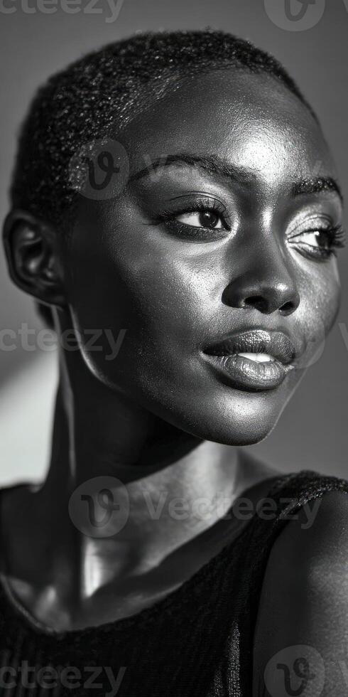 Close-up of a beautiful dark-skinned woman looking to the side photo