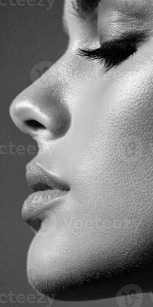 Close view of a person's face in black and white profile photo