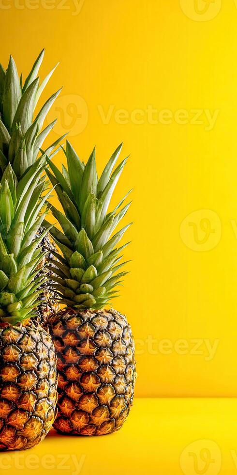 Two fresh pineapples sit against a yellow background photo