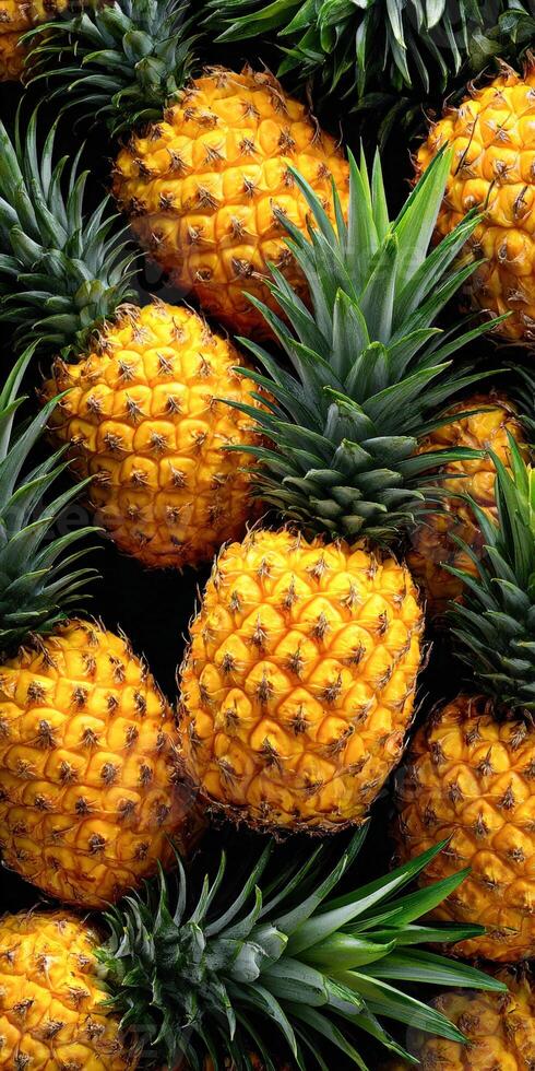 Ripe pineapples with green leaves sitting in a large pile photo