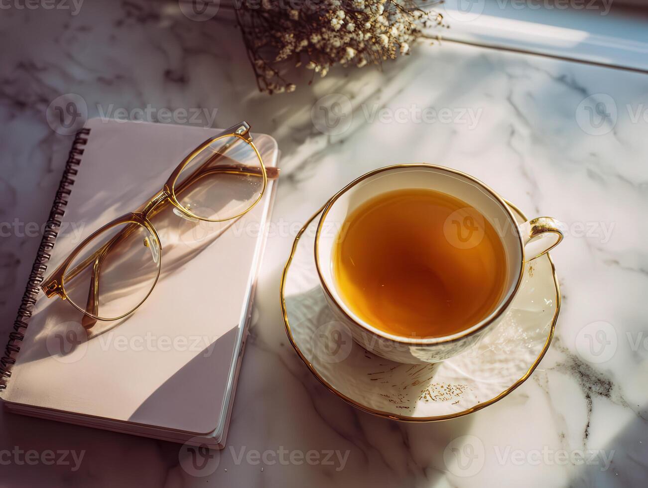 Still life with tea cup, glasses, and notebook on marble counter photo