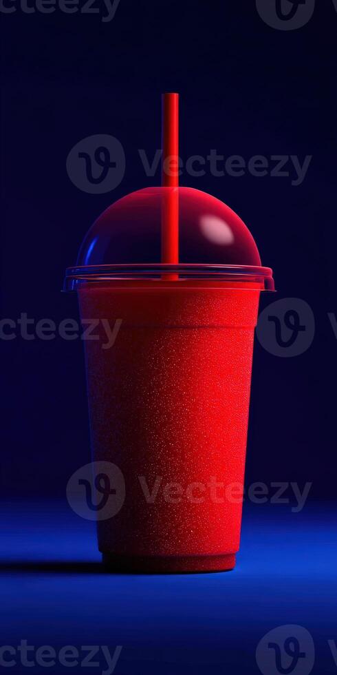 Red frozen drink in a clear plastic cup with a red straw photo