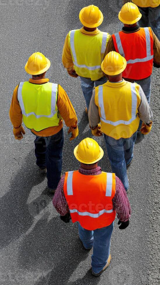 Construction workers walk down street wearing protective gear photo