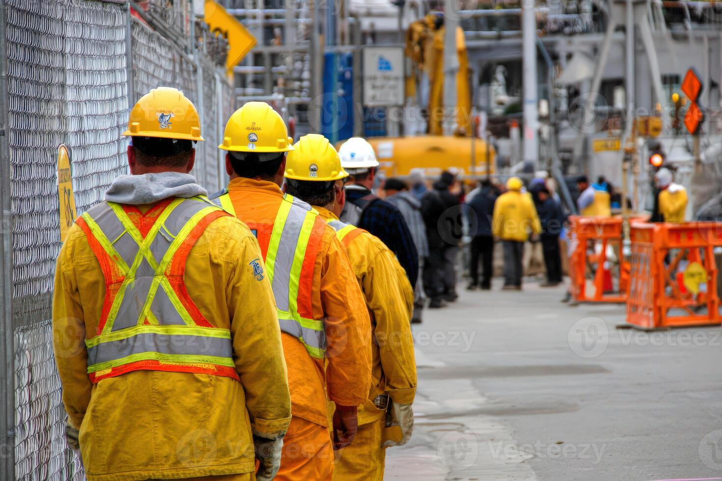 Group of construction workers walk toward a construction site photo