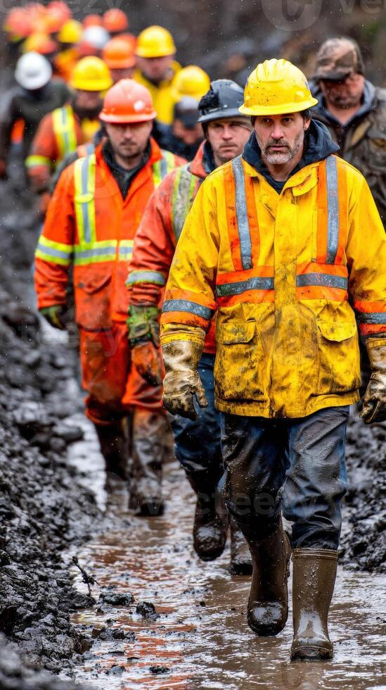 Group of workers in safety gear walk through muddy terrain photo