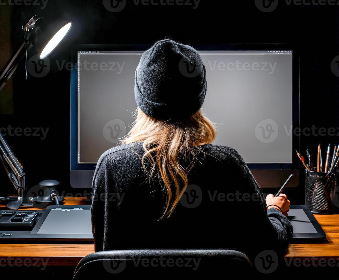Woman working at computer using a graphic tablet in a dark room photo