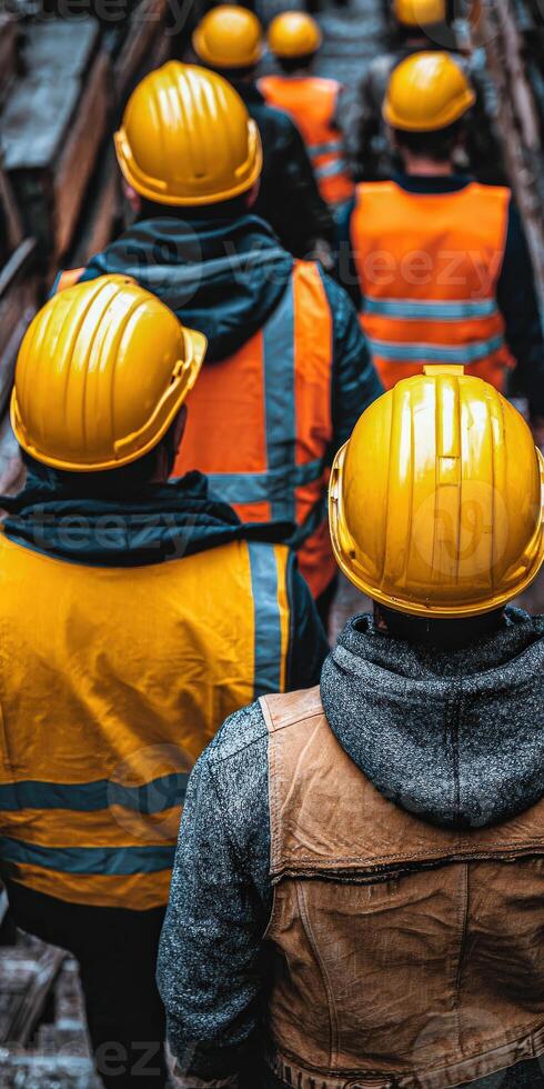 Group of construction workers walking on a construction site photo