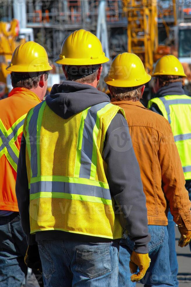 Construction workers walking on a job site on a sunny day photo
