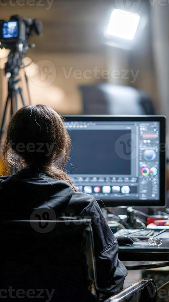 Woman edits project at computer workstation in Studio photo
