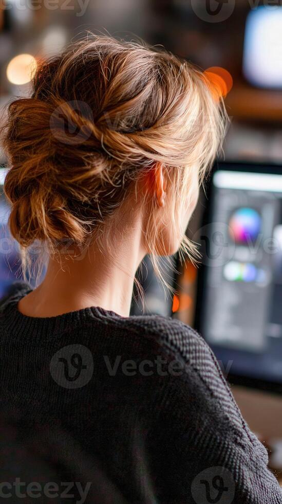 Woman edits on a computer at dusk in home office photo