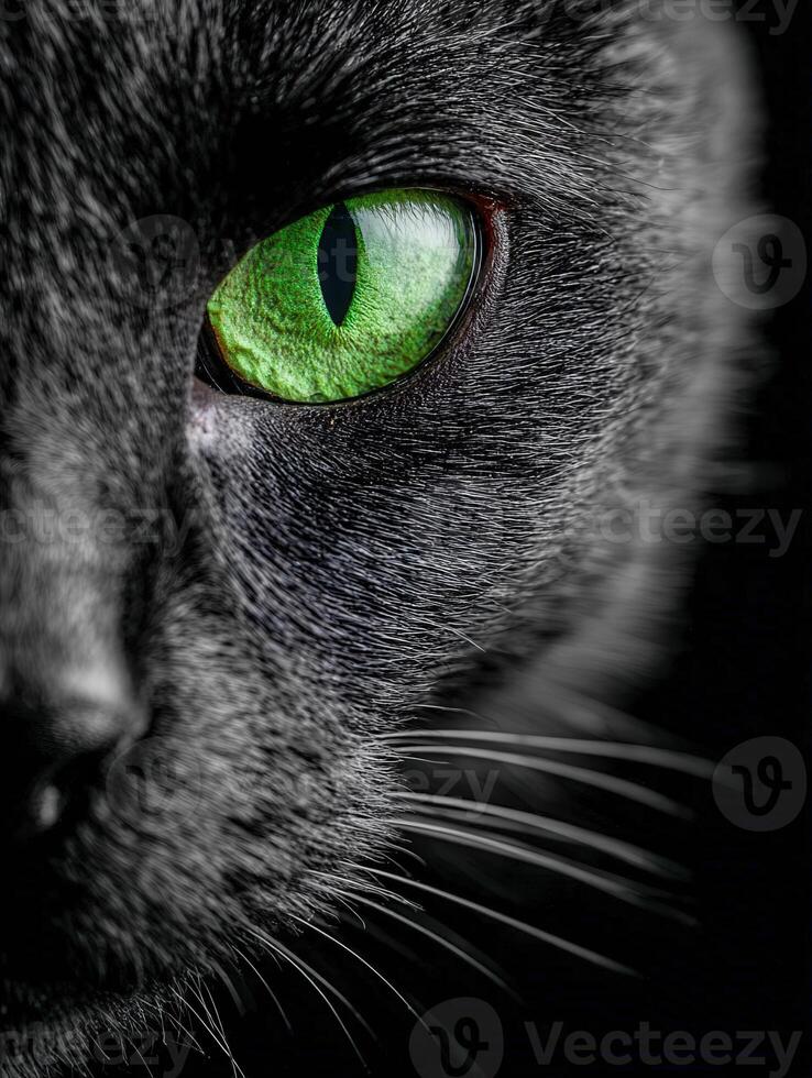 Close-up shows a cat's intense gaze with a bright green eye photo