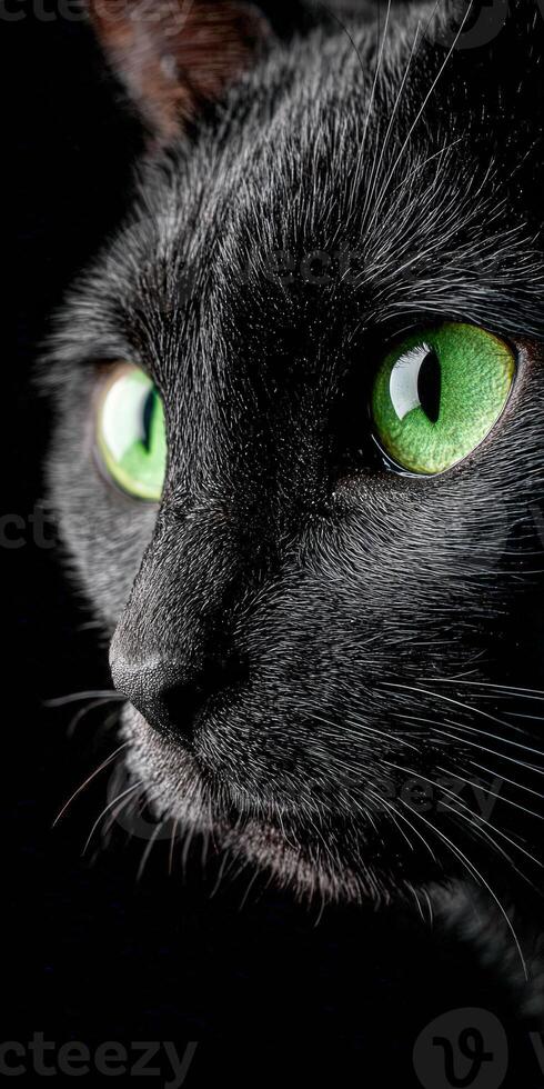 Close up portrait of black cat with mesmerizing green eyes photo