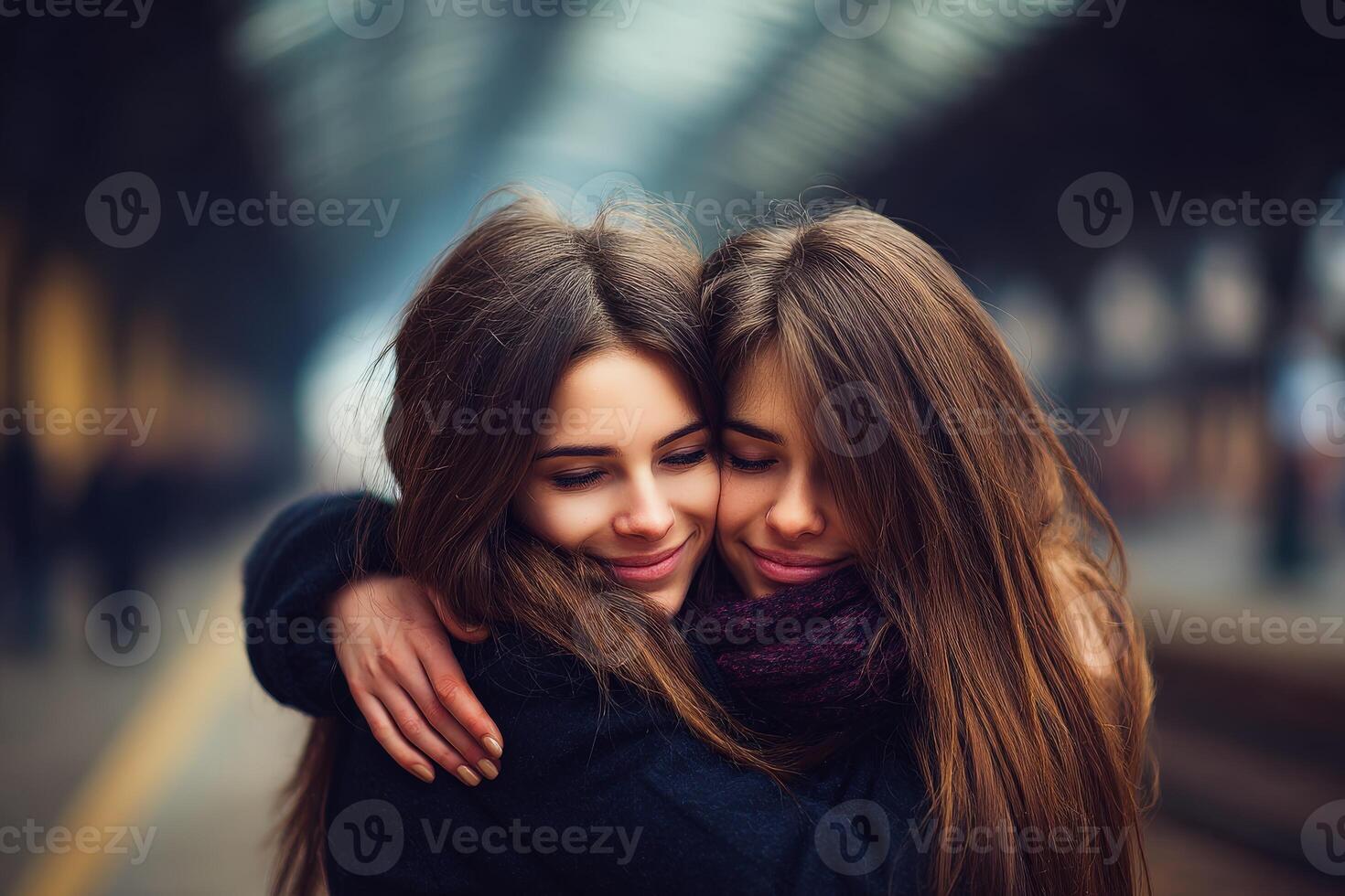 Two young women embracing each other at a train station photo