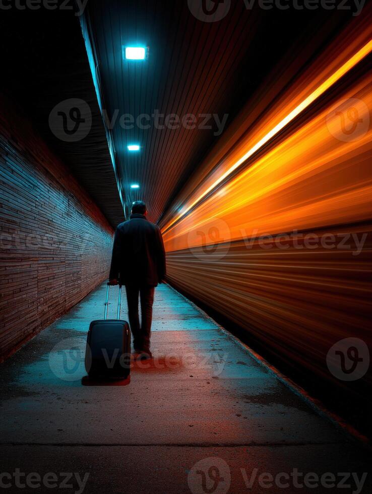Man walking with rolling suitcase in futuristic train station photo