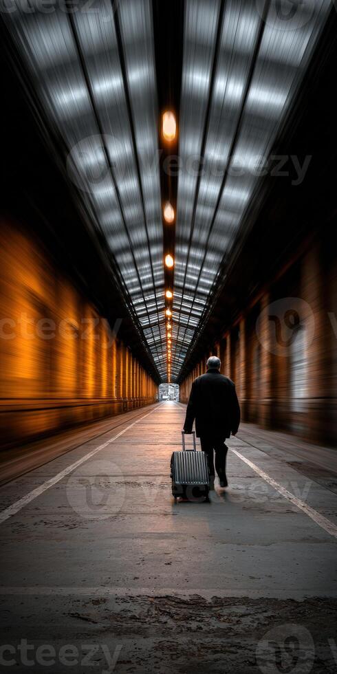 Man walking with luggage in a long illuminated tunnel photo