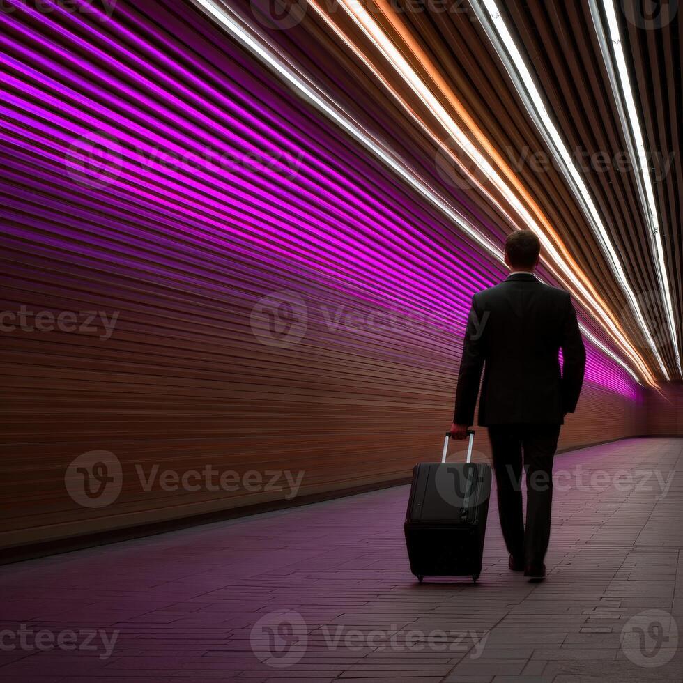 Businessman travels through a colorful illuminated tunnel photo