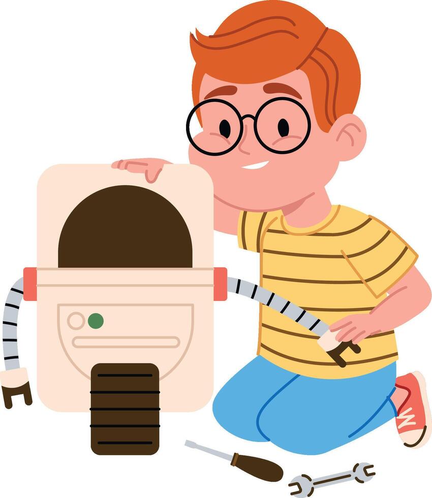 Boy Assembling a Robot vector
