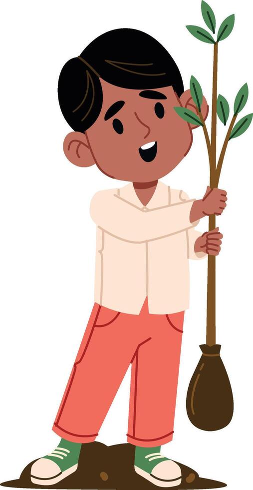 Boy Planting a Young Tree Kid Character vector