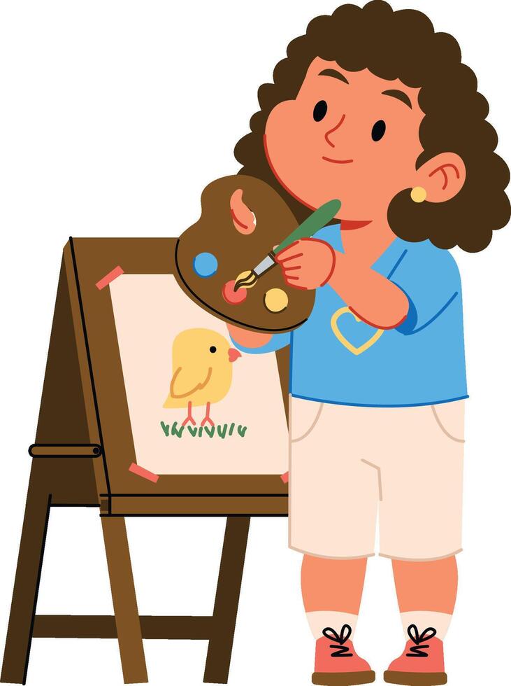 Young Artist Girl Painting on Easel vector