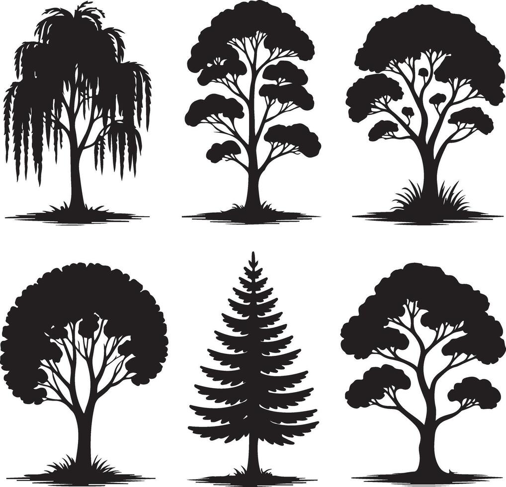 Collection of six distinct black tree silhouettes on a white background vector