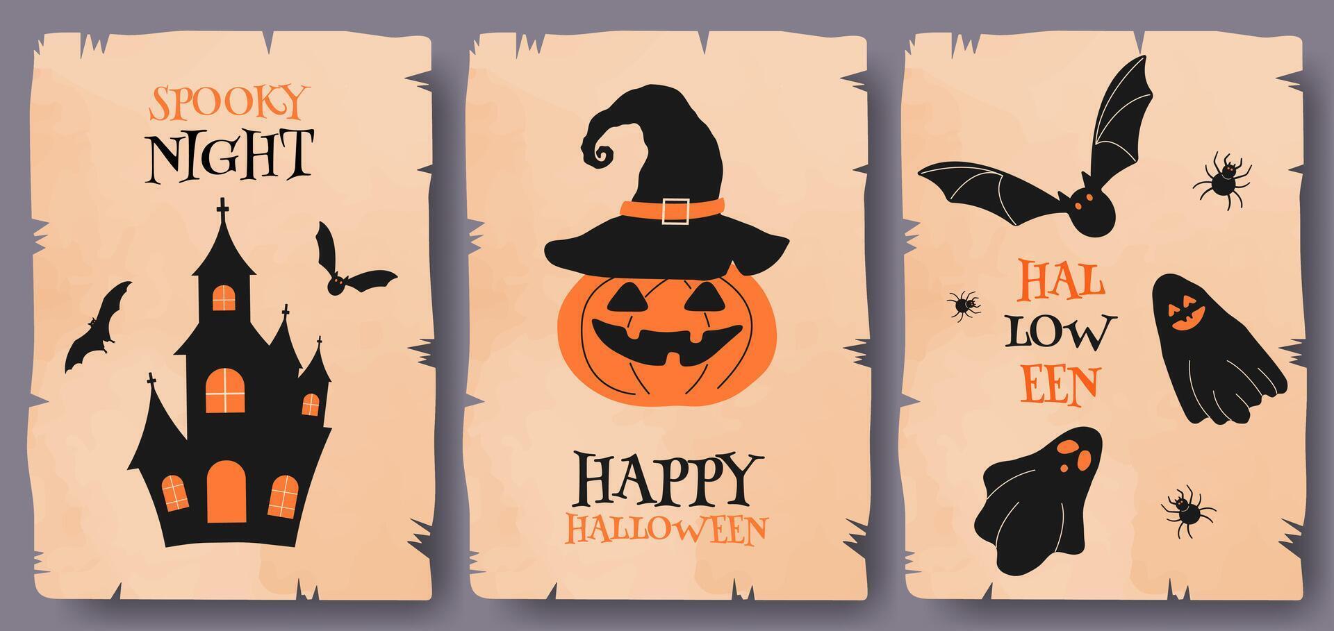 Happy Halloween Flat Invitation greeting Card set with spooky Icons on Vintage antique old paper sheets with ripped edges. Halloween Background Poster texture of vintage paper or parchment. vector
