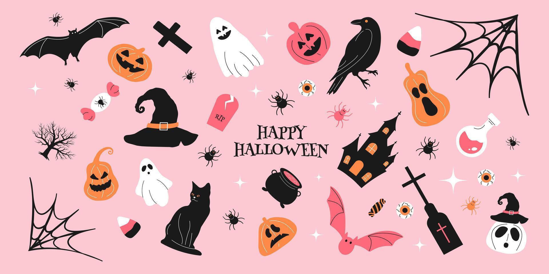 Halloween themed cartoon icons on pink background vector