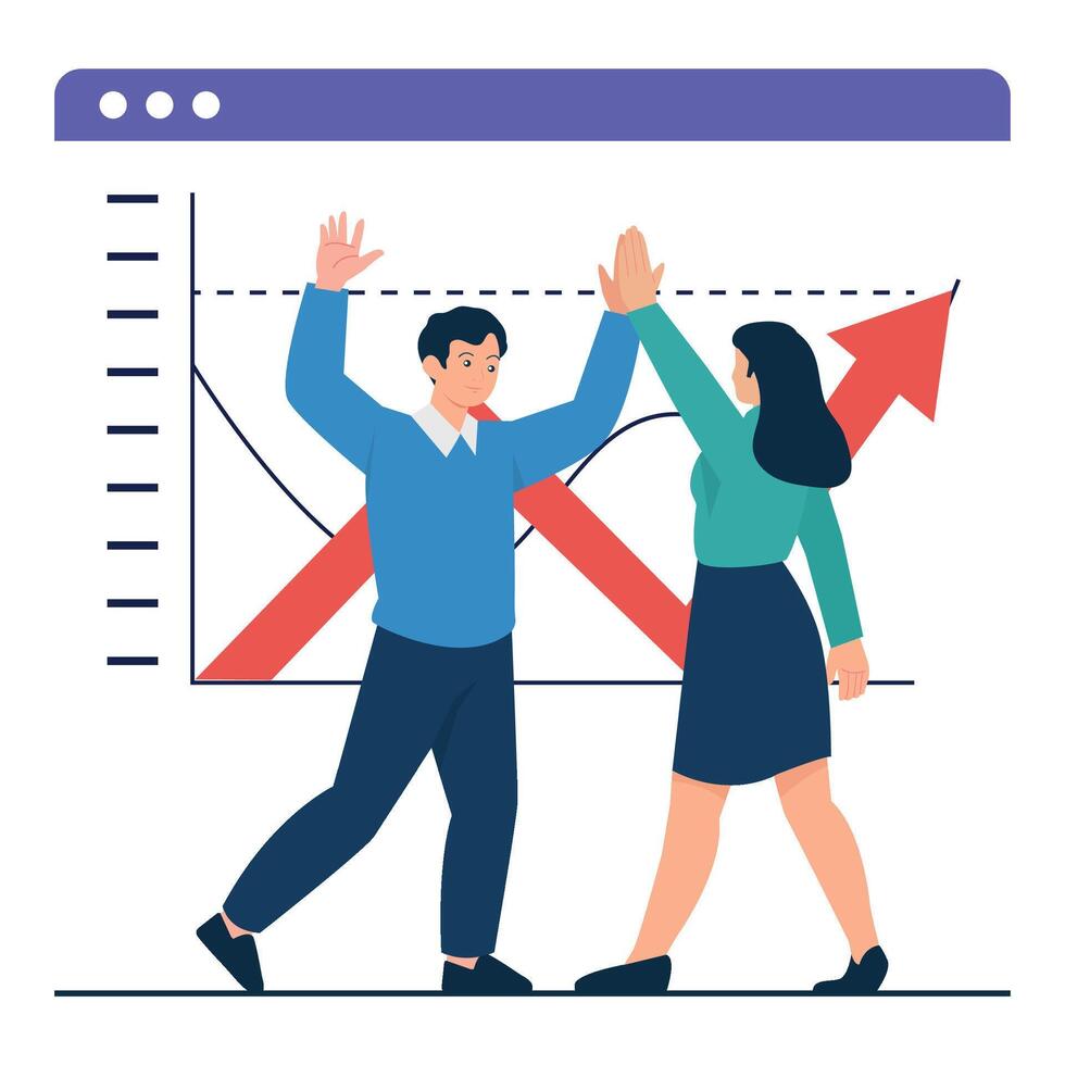 Two coworkers give a high-five in front of a rising chart, celebrating business achievement and performance growth. vector